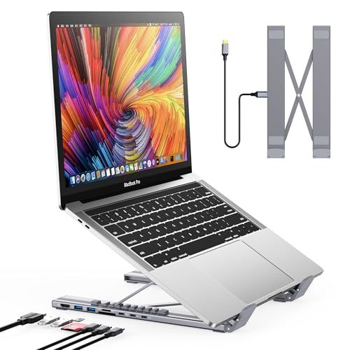 Mukiya ハブ付き ノートPCスタンド タブレットスタンド （4K@30Hz HDMI、USB-A×2、USB-C×1、PD 100W急速充電対応）5Gbps 高速データ転送 折りたたみ式 MacBook Pro/Air、Dell、HP、 4695bd02