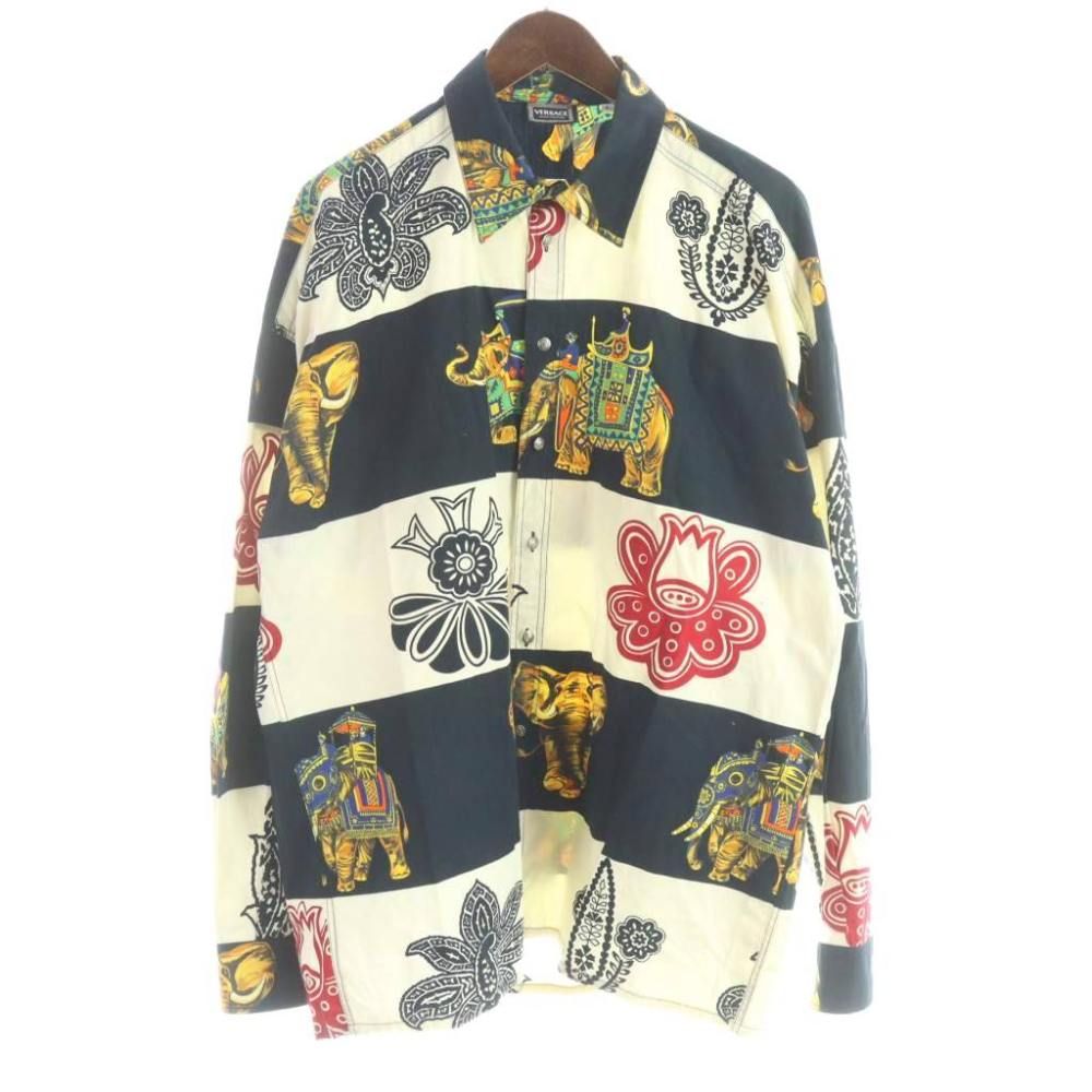 ヴェルサーチジーンズ VERSACE JEANS COUTURE イタリア製 カジュアルシャツ グラフィックプリントシャツ 長袖 総柄 エレファント フラワー L 黒 ブラック アイボリー /MW ■GY18