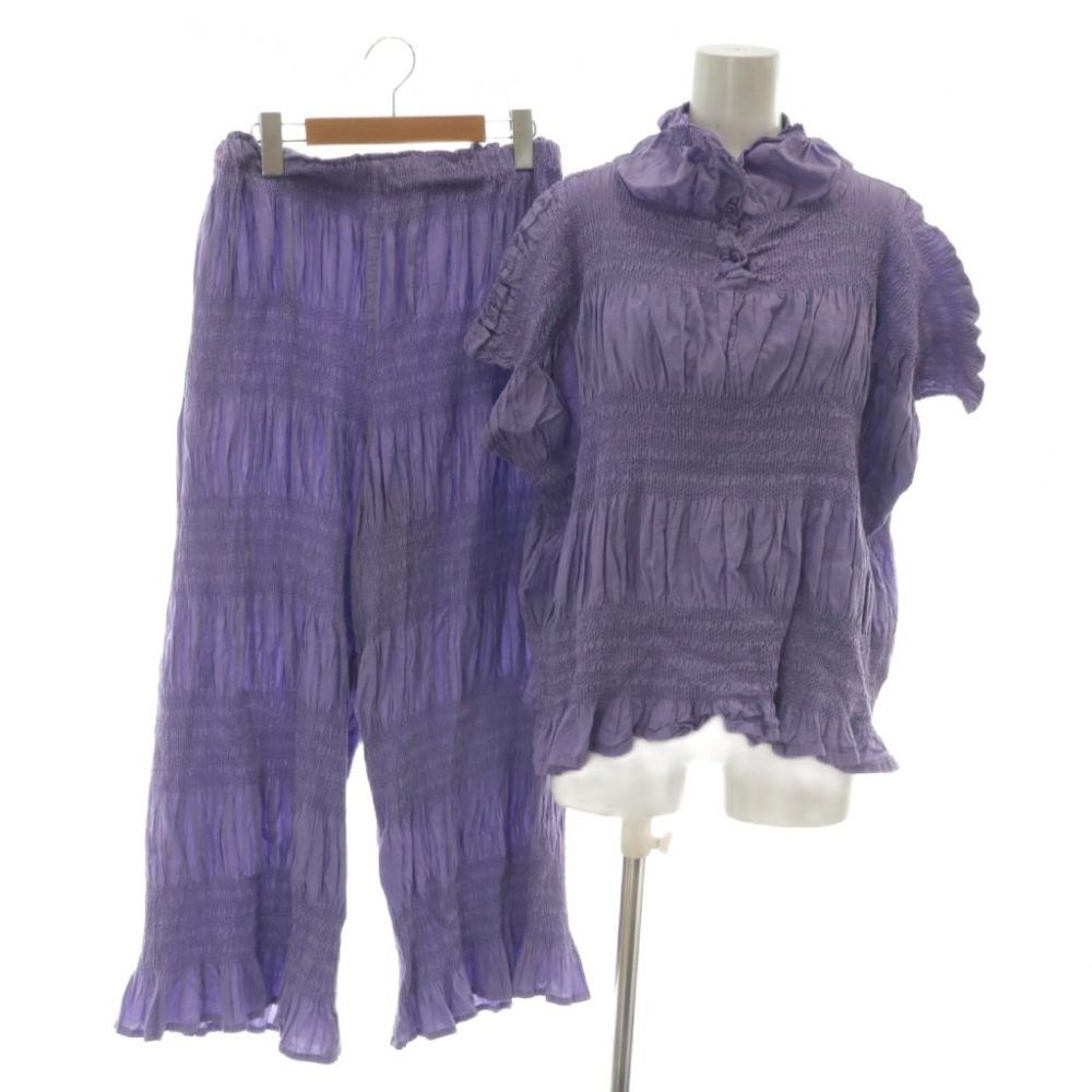 ミーイッセイミヤケ me ISSEY MIYAKE SHRINK STRIPE TOP PANTS セットアップ 上下 シャツ ブラウス 半袖 プリーツパンツ イージー シャーリング F 紫 パープル /XZ ■GY19
