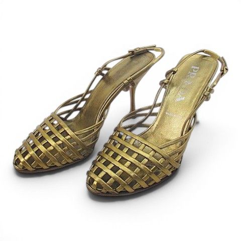 プラダ PRADA サンダル 編みデザイン 36.5 ゴールド レザー イタリア製 9,869円