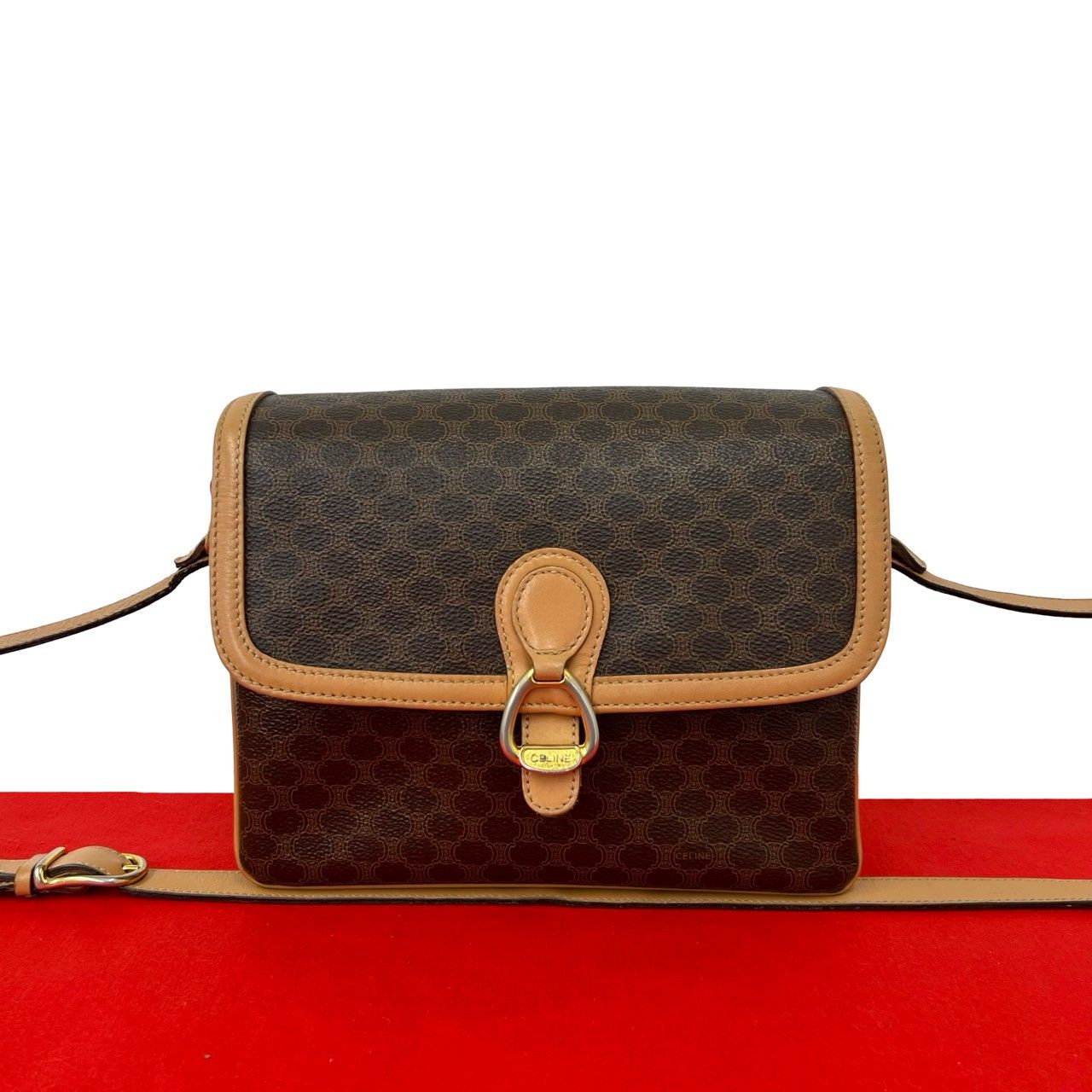 極 美品 CELINE セリーヌ ヴィンテージ マカダム ブラゾン トリオンフ ロゴ 柄 レザー 本革 ショルダーバッグ ブラウン 茶 36300