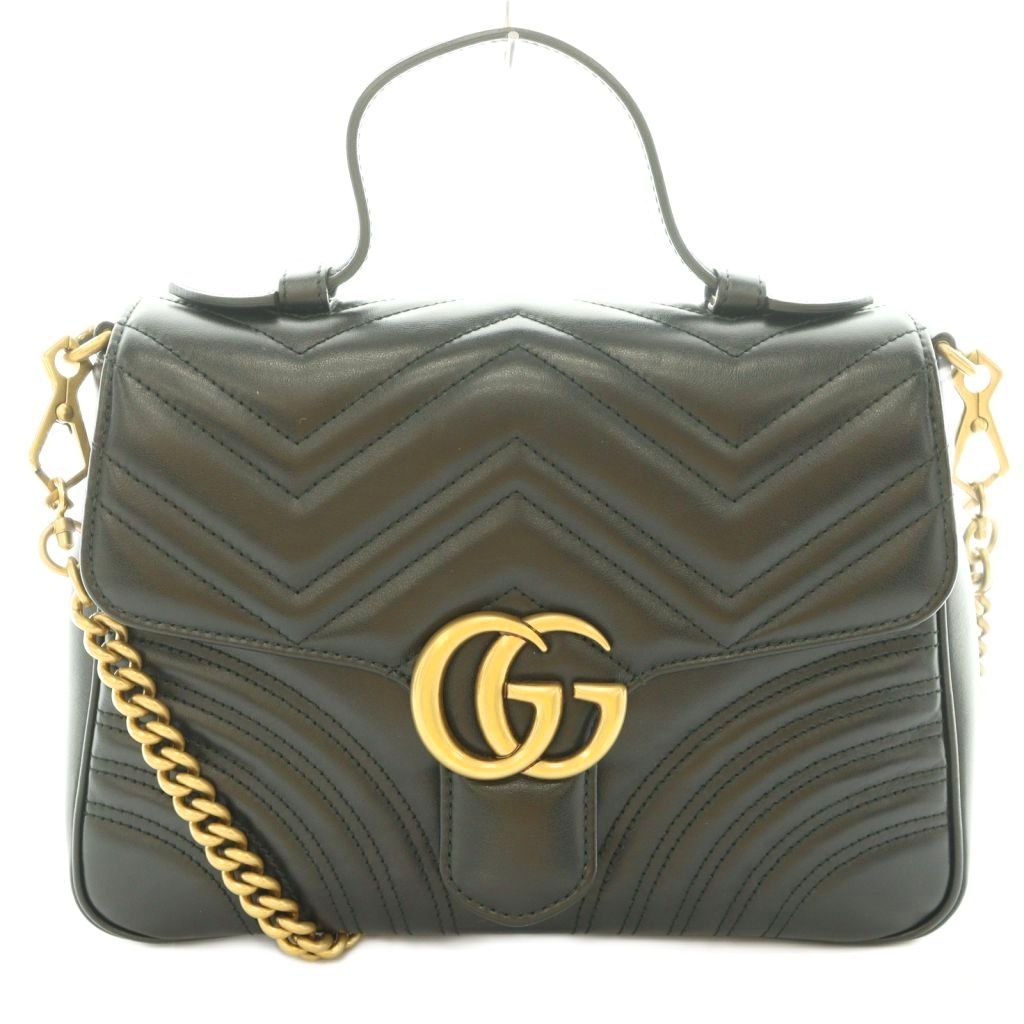 グッチ GUCCI GGマーモント 2WAY ハンドバッグ ワンハンドル ショルダー バイカラー ロゴ チェーン 黒 ブラック ゴールドカラー 498110 /BB ■OH