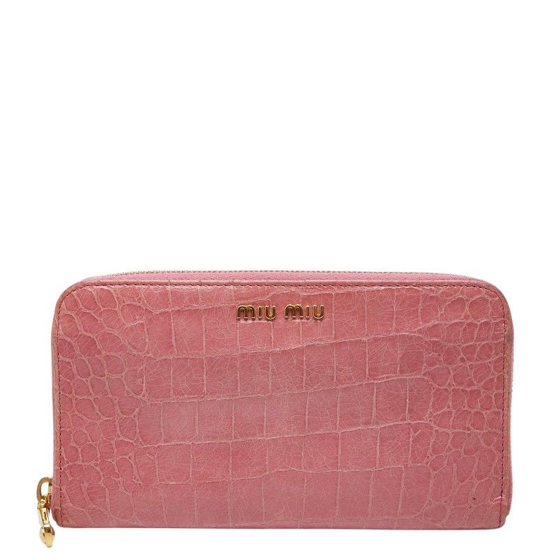 ミュウミュウ クロコ型押し ラウンドファスナー 長財布 ピンク レザー レディース MIUMIU【1-0267227】