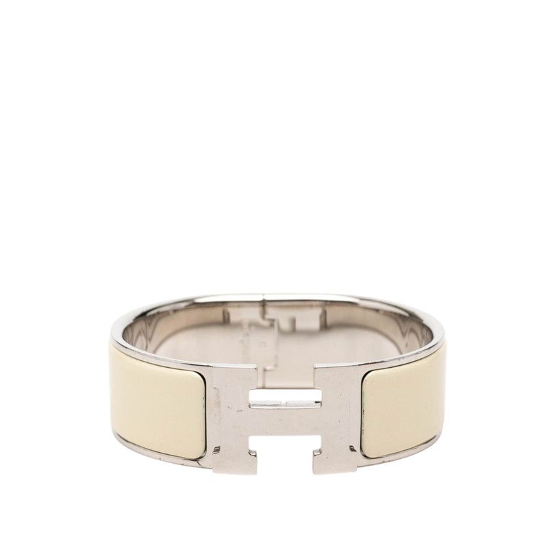 エルメス クリッククラックGM Hロゴ エナメルブレスレット アイボリー シルバー メタル レディース HERMES【1-0269905】