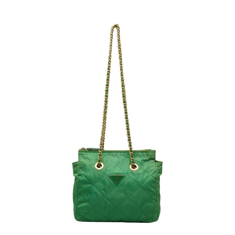 プラダ 三角ロゴプレート チェーン ショルダーバッグ グリーン ゴールド ナイロン レザー レディース PRADA【1-0272124】