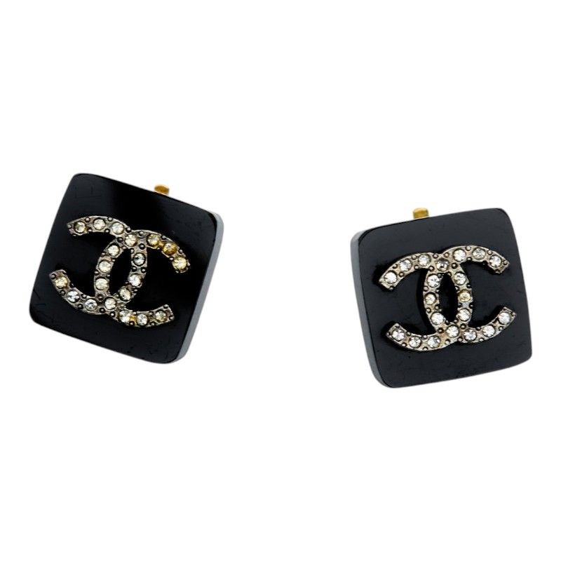 シャネル ヴィンテージ ココマーク スクエア イヤリング ブラック プラスチック メッキ ラインストーン レディース CHANEL【1-0272511】