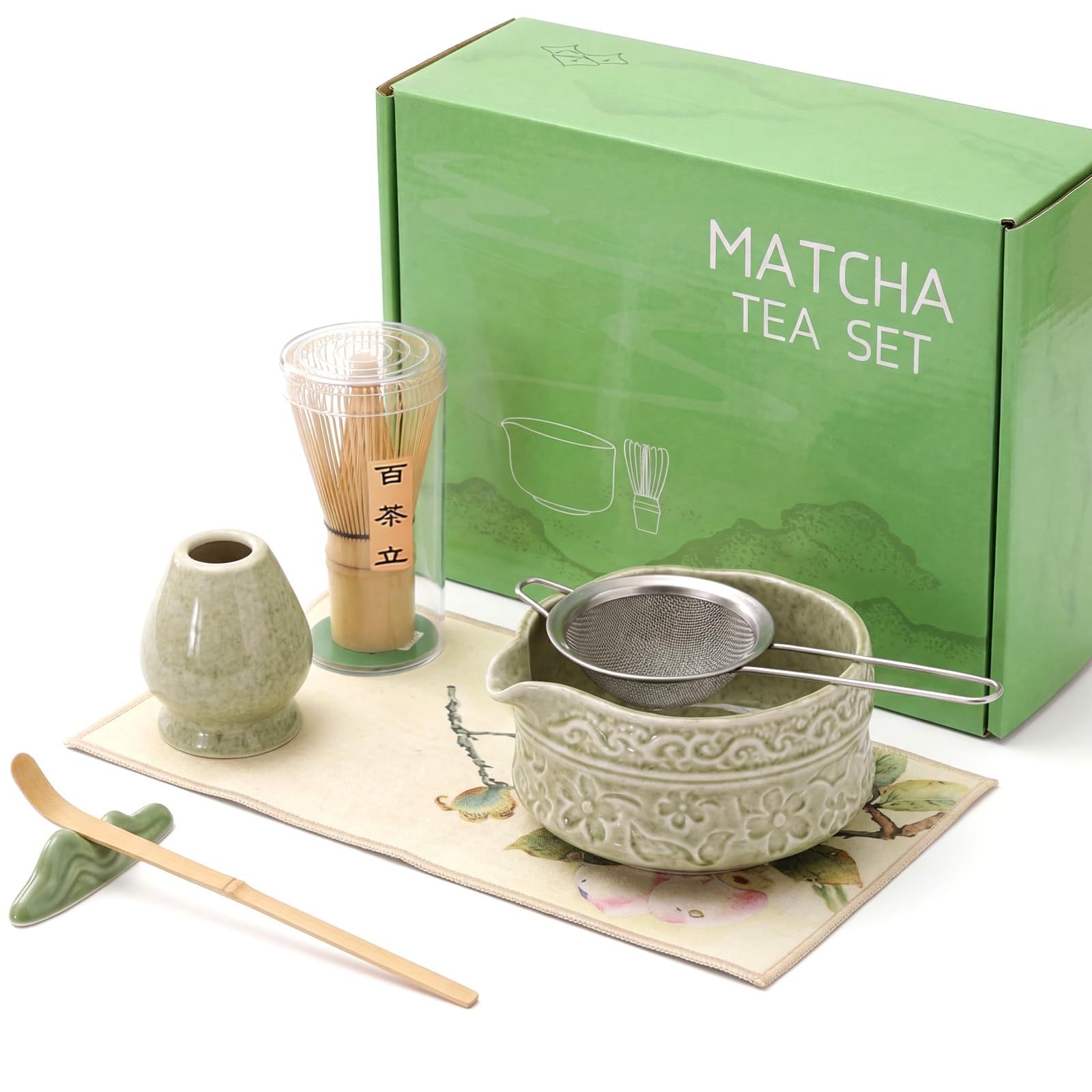 抹茶セット 7点 茶道具セット 【注ぎ口付き 片口抹茶碗】 初心者 百本立 茶筅 茶筅立て 茶杓 茶こし 茶巾 スプーン 贈り物 ギフト 自宅でお点前 抹茶ラテ 電子レンジ・食洗機対応 (まっちゃいろ)