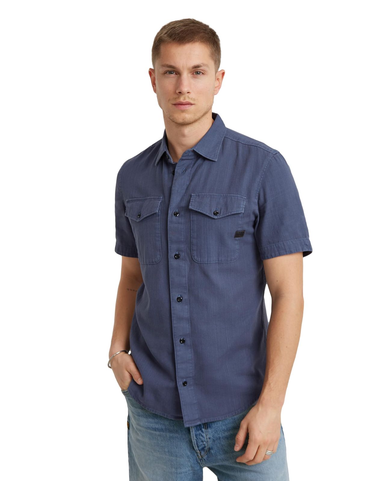 新品 [ジースターロゥ] シャツ メンズ 半袖 スリムフィット ネイビー Marine slim shirt ss D19751-D454-G305-S