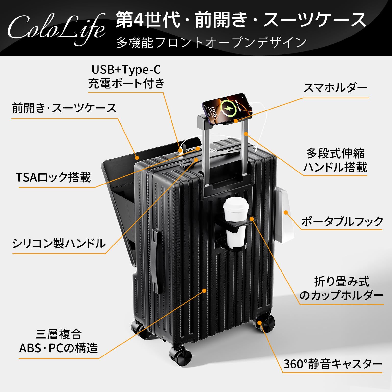 ColoLife] スーツケース フロントオープン 多機能 キャリーケース 機内 