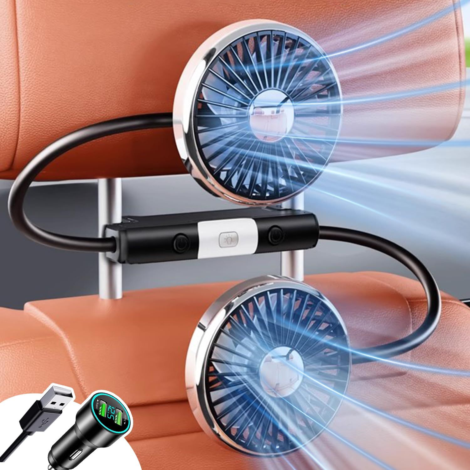 2026新型 車載扇風機 車載ファン シガーソケット/USB 両用 後部座席 360度回転 LEDライド付き 3段階風量長配線 扇風機 車 ヘッドレストファン 双頭タイプ 静音性アップ 取付簡単 父の日ギフト ドライブ 通勤 日本語説明書付き 6eed507c