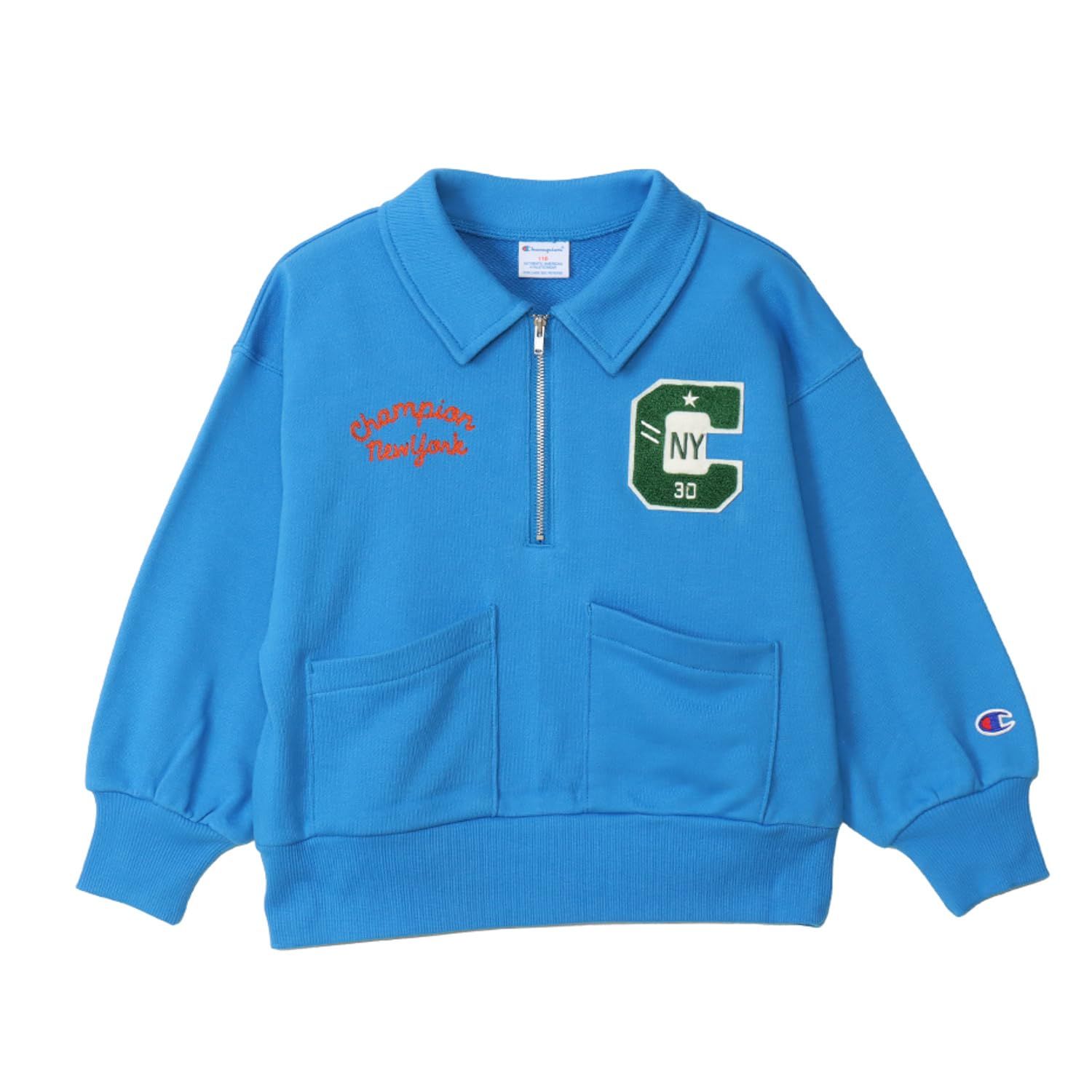 新品 [チャンピオン] スウェット キッズ 長袖 綿100% 裏毛 Loose Fit グラフィックプリント ハーフジップスウェットシャツ ボーイズカジュアル CK-A012 スカイブルー