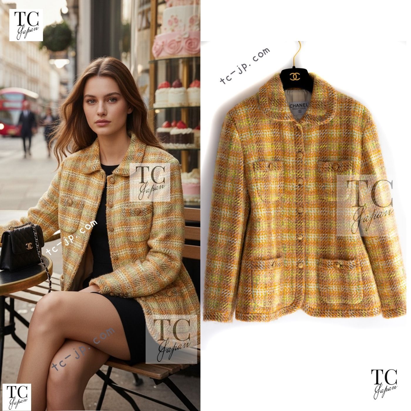 シャネル ヴィンテージ ジャケット コート CHANEL オレンジ イエロー ウール ツイード ココボタン カール・ラガーフェルド 貴重 38 40 42