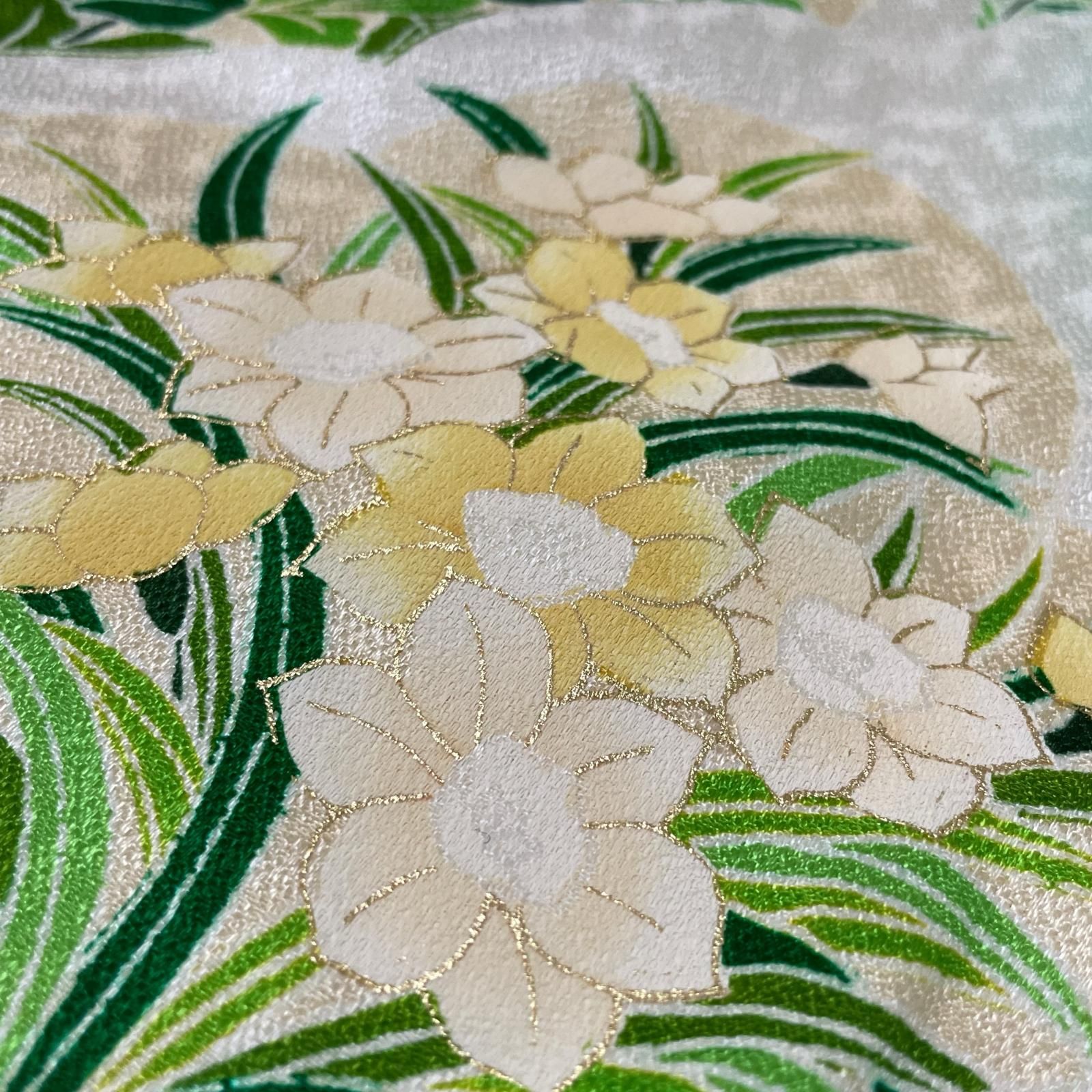 付下げ 刺繍 花模様 エメラルドグリーン 着物 正絹 X-2239 - メルカリ