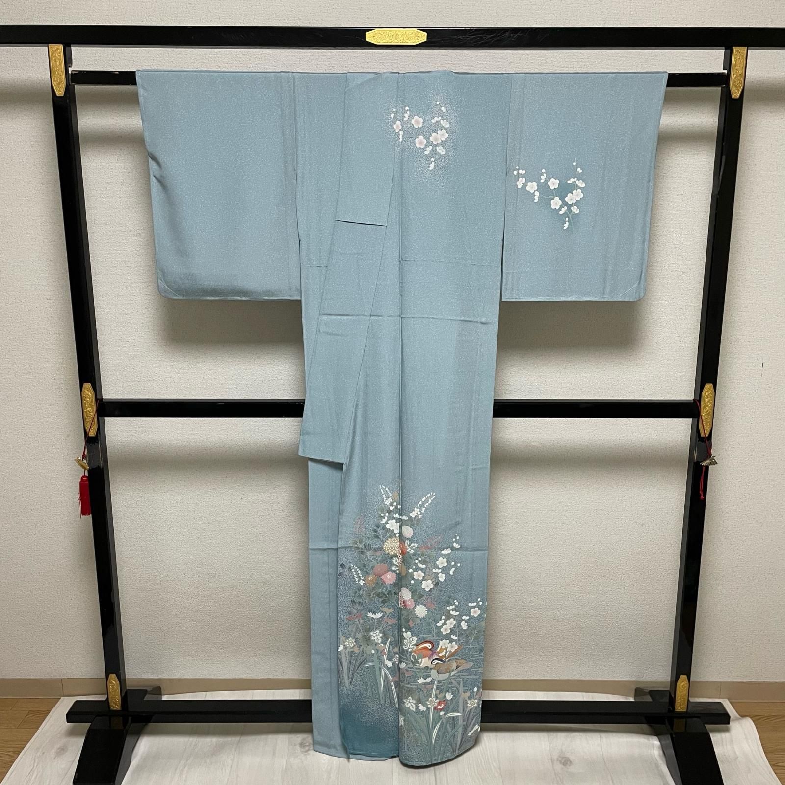 付下げ 単衣仕立て たたき染め おしどりに花模様 着物 正絹 X-2262
