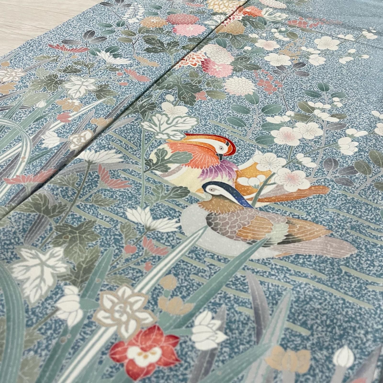 付下げ 単衣仕立て たたき染め おしどりに花模様 着物 正絹 X-2262