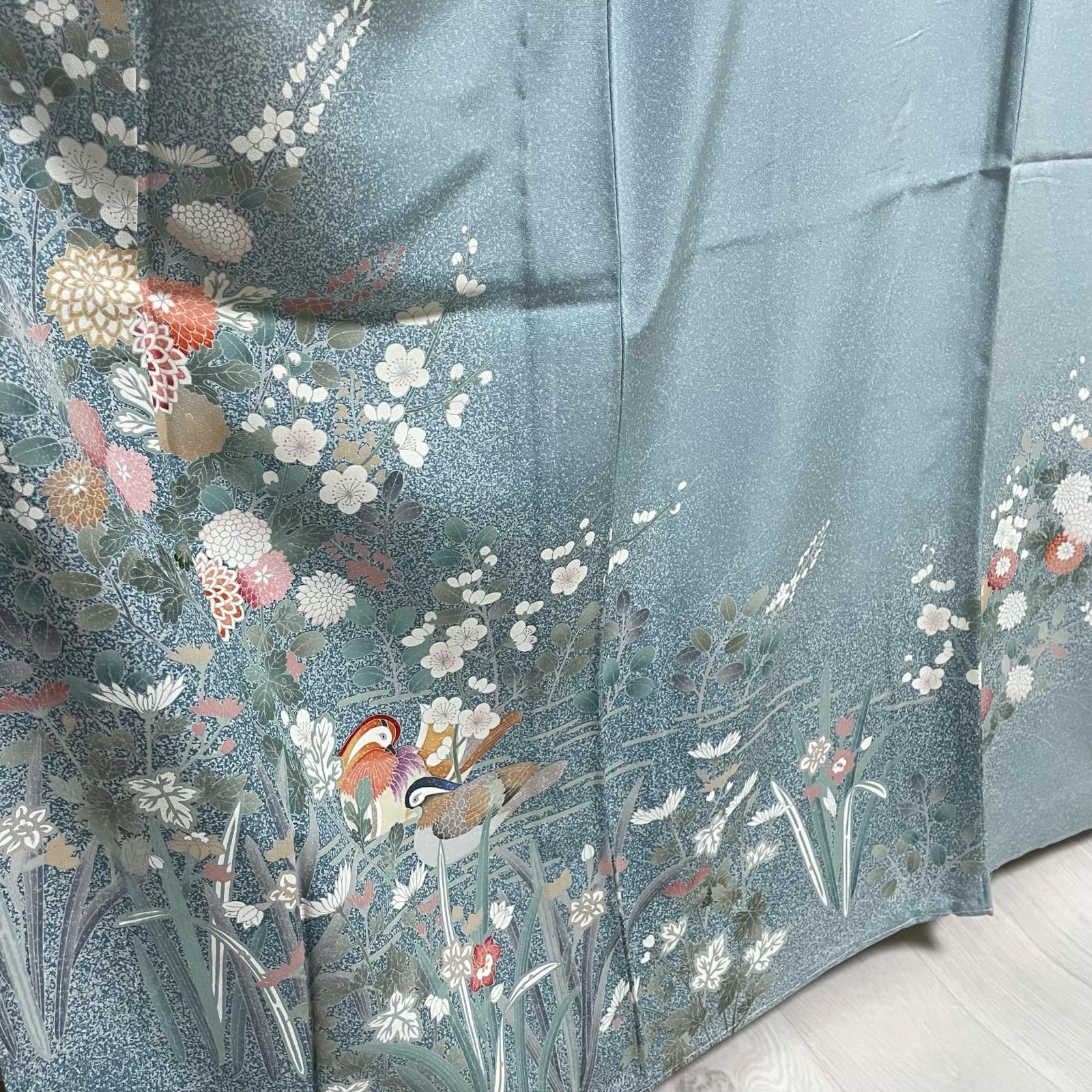 付下げ 単衣仕立て たたき染め おしどりに花模様 着物 正絹 X-2262