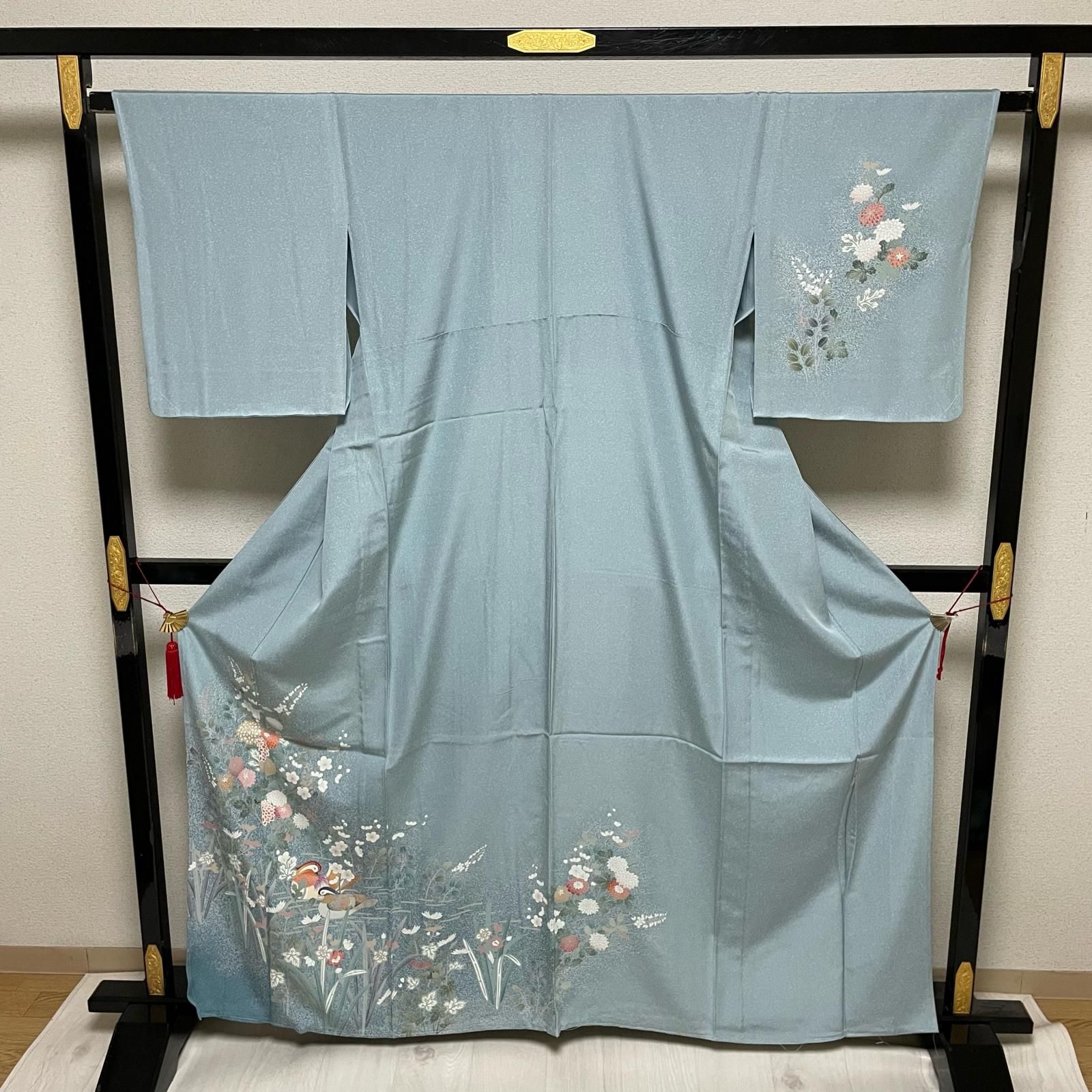 付下げ 単衣仕立て たたき染め おしどりに花模様 着物 正絹 X-2262