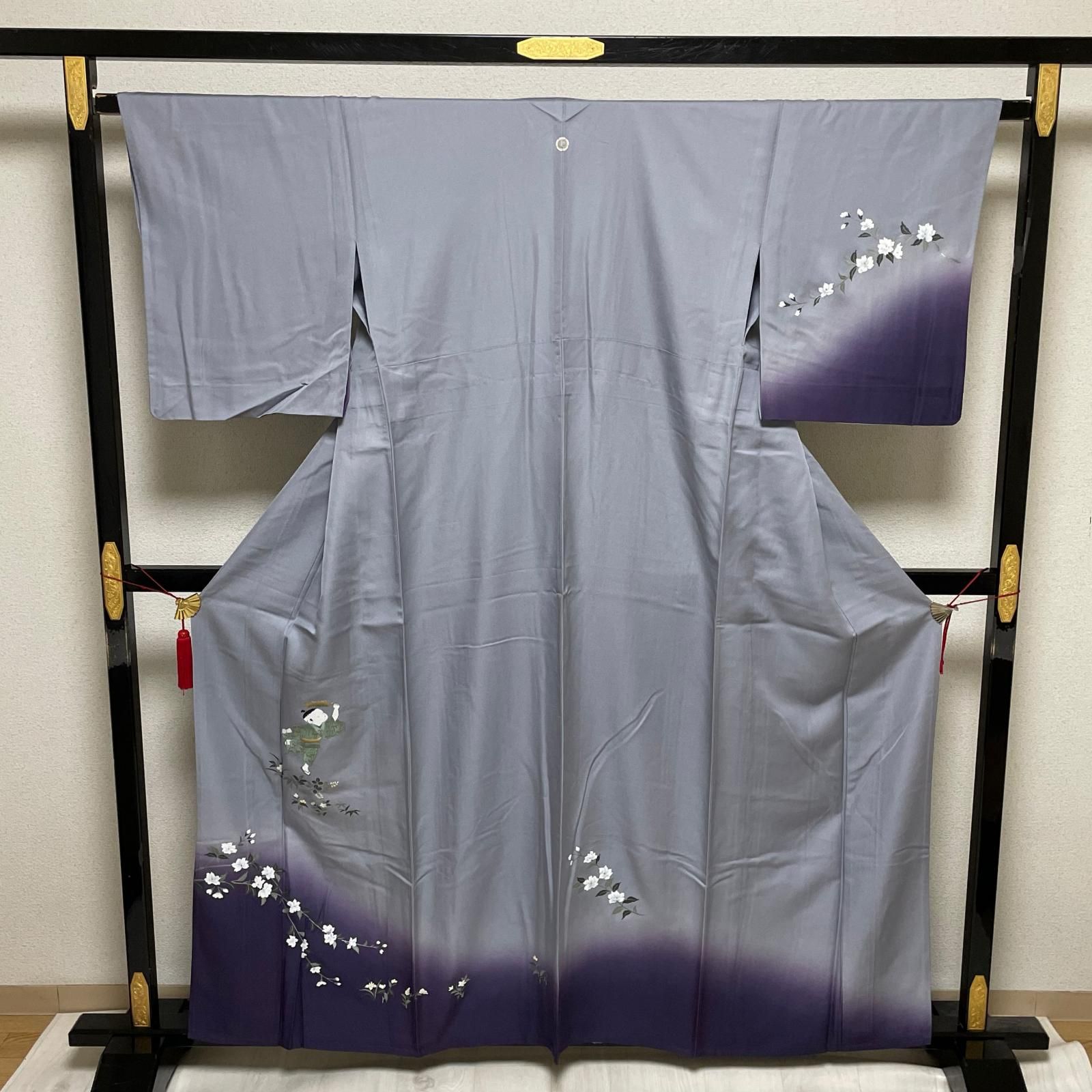 付下げ 単衣仕立て 暈し染 童子柄 枝花模様 着物 正絹 X-2275