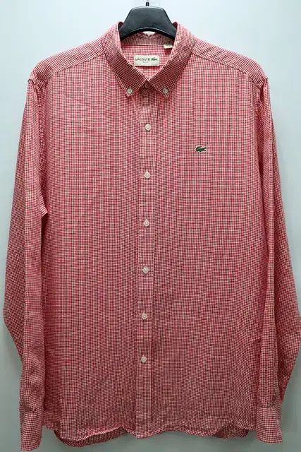 ラコステ 麻 レッド CHECK シャツ スリムフィット