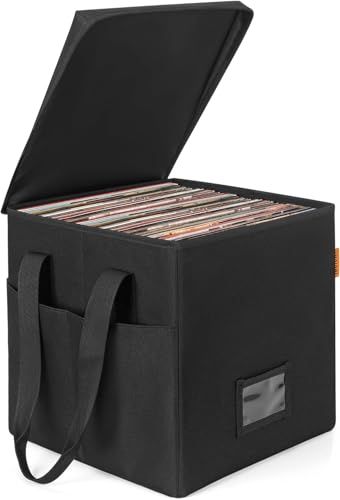BQKOZFIN レコードケース ビニールレコード保管ボックス 長さ34.5 x 幅34 x 高い34cm 12インチ LPレコード用収納ボックス蓋付き LP盤約70枚収納可能 防塵 （ブラック）as e0dd0a18