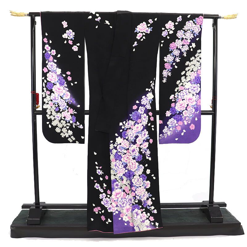 振袖 成人式 前撮り 正絹 単品 正絹 黒 花柄 銀彩 上品 身丈173cm 裄丈