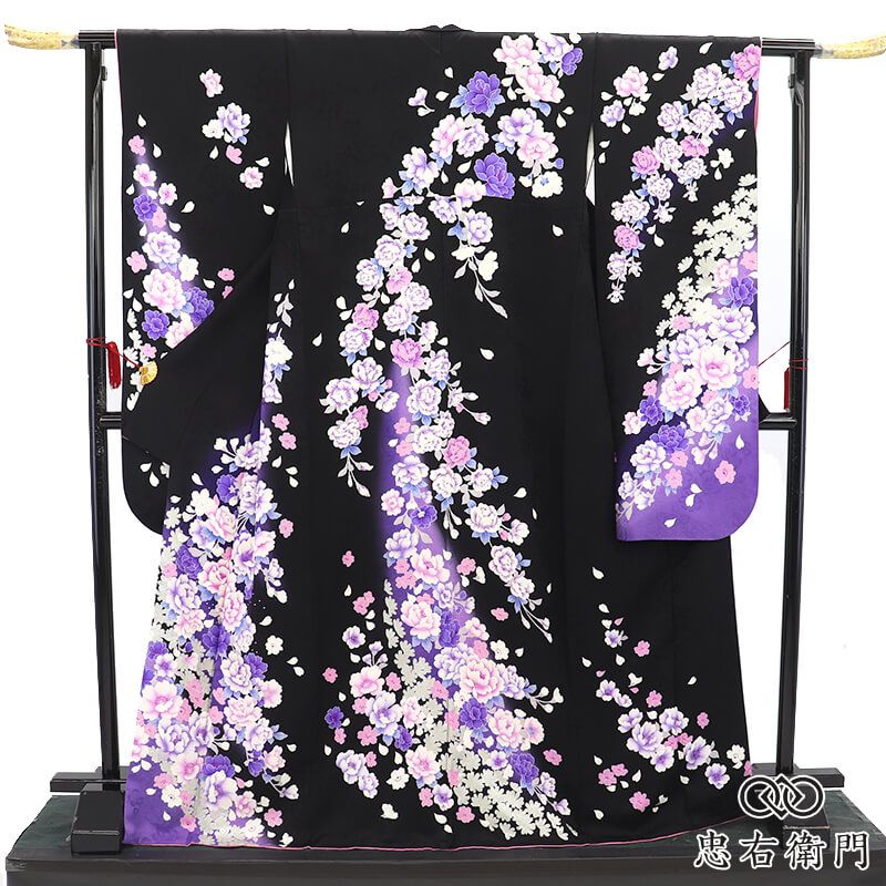 振袖 成人式 前撮り 正絹 単品 正絹 黒 花柄 銀彩 上品 身丈173cm 裄丈66cm 晴れ着 結婚式 Mサイズ相当 レディース 女性用 即日発送 送料無料 即日発送