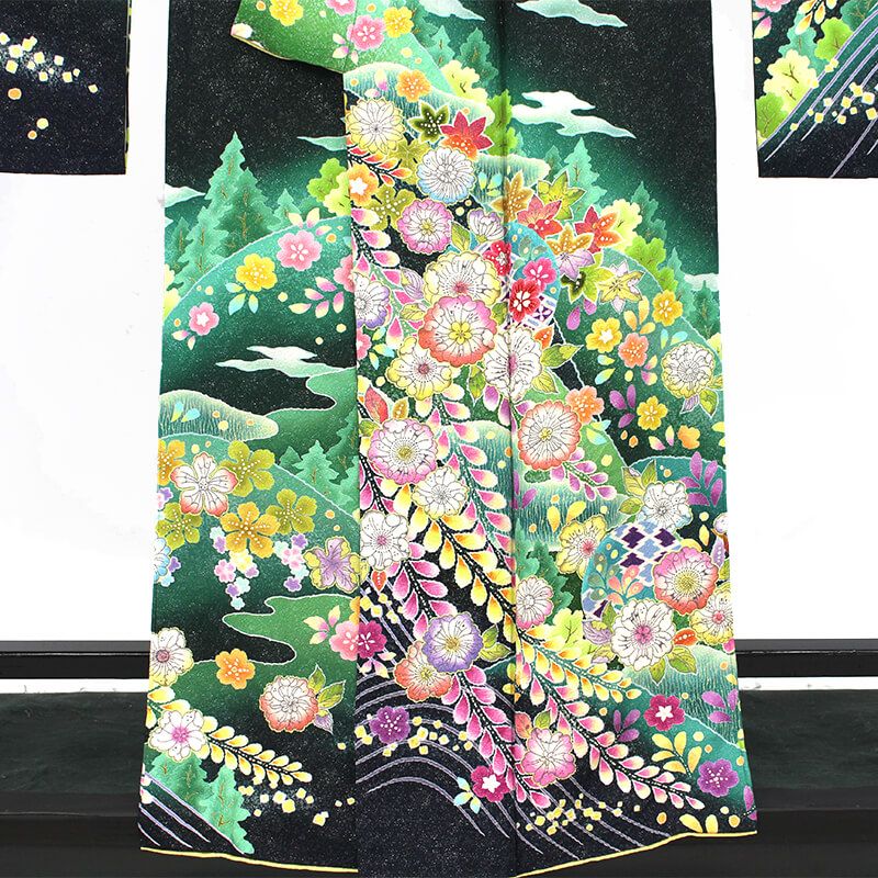 振袖 成人式 前撮り 正絹 単品 正絹 深緑 辻が花 伝統文様 豪華 身丈