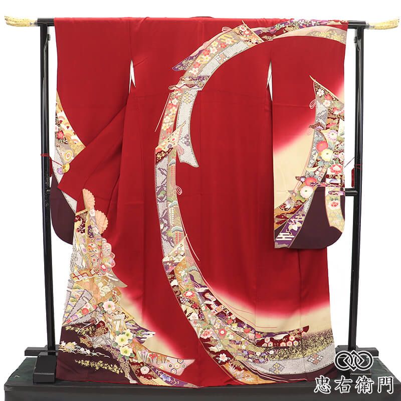 振袖 成人式 前撮り 正絹 単品 正絹 赤 几帳文 伝統文様 古典文様 身丈173cm 裄丈68cm 晴れ着 結婚式 M～Lサイズ相当 レディース 女性用 即日発送 送料無料 即日発送