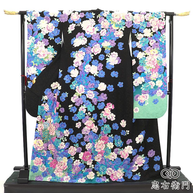 振袖 成人式 前撮り 正絹 単品 正絹 黒 ピエール・カルダン 花柄 モダン クール 身丈174cm 裄丈67.5cm 晴れ着 結婚式 M～Lサイズ相当 レディース 女性用 即日発送 送料無料 即日発送