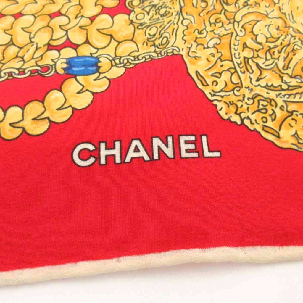 シャネル CHANEL スカーフ 大判 チェーン柄 シルク レッド系 ☆AA
