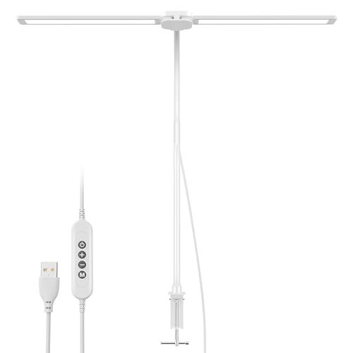 デスクライト LED ダブルヘッド 電気スタンド クランプ式 13W高輝度 3色温度・無段階調光 360°回転可能 クリップ 簡単操作 机用 子供 仕事用 卓上 寝室用 目に優しい読書灯 (白) 国内発送 515a4c0f