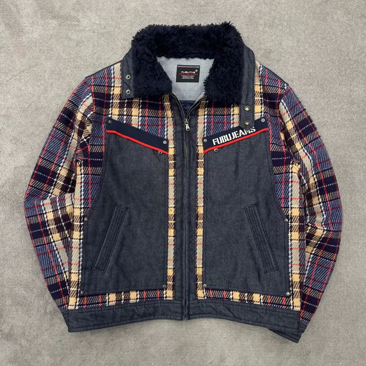 100 FUBU チェック デニム ウール ニット キルティングジャケット
