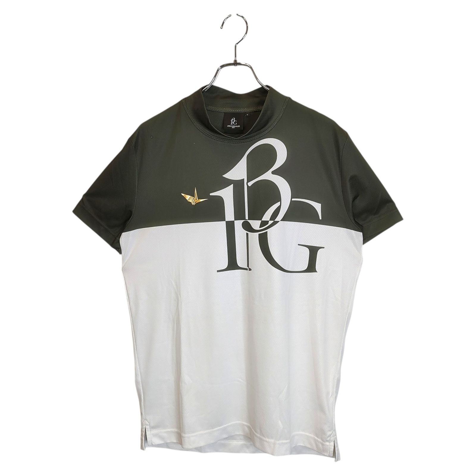 1PIU1UGUALE3 GOLF ウノピゥウノウグァーレトレ ゴルフ 半袖 モックネック Tシャツ 5 L カーキ×ホワイト メンズ