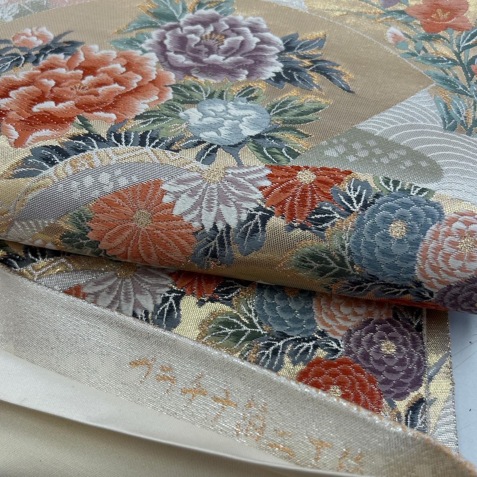 袋帯 正絹 加賀小袖 プラチナ箔ニ丁箔 唐織 美しい花草 六通 MA-7518