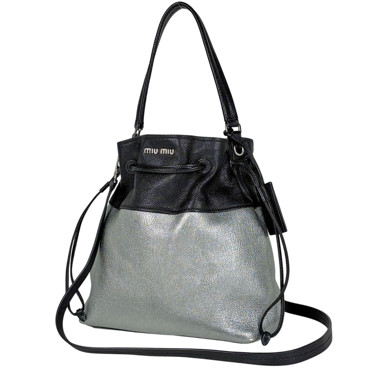 ミュウ ミュウ ミュウ Miu Miu ロゴ ショルダーバッグ 2WAY レザー シルバー
