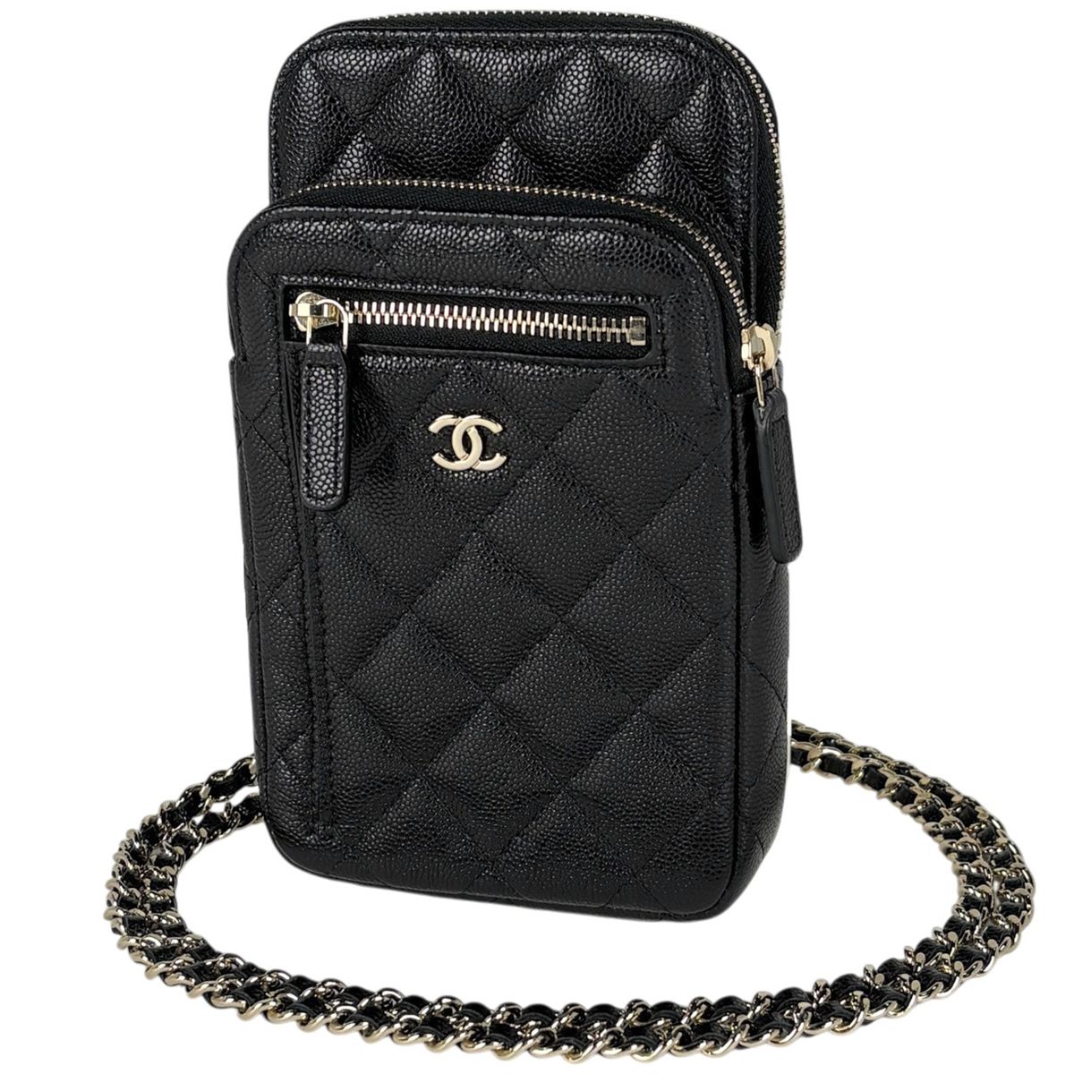 シャネル CHANEL ココマーク チェーン ショルダーバッグ マトラッセ フォンケース キャビアスキン ブラック AP4434 レディース 【中古】