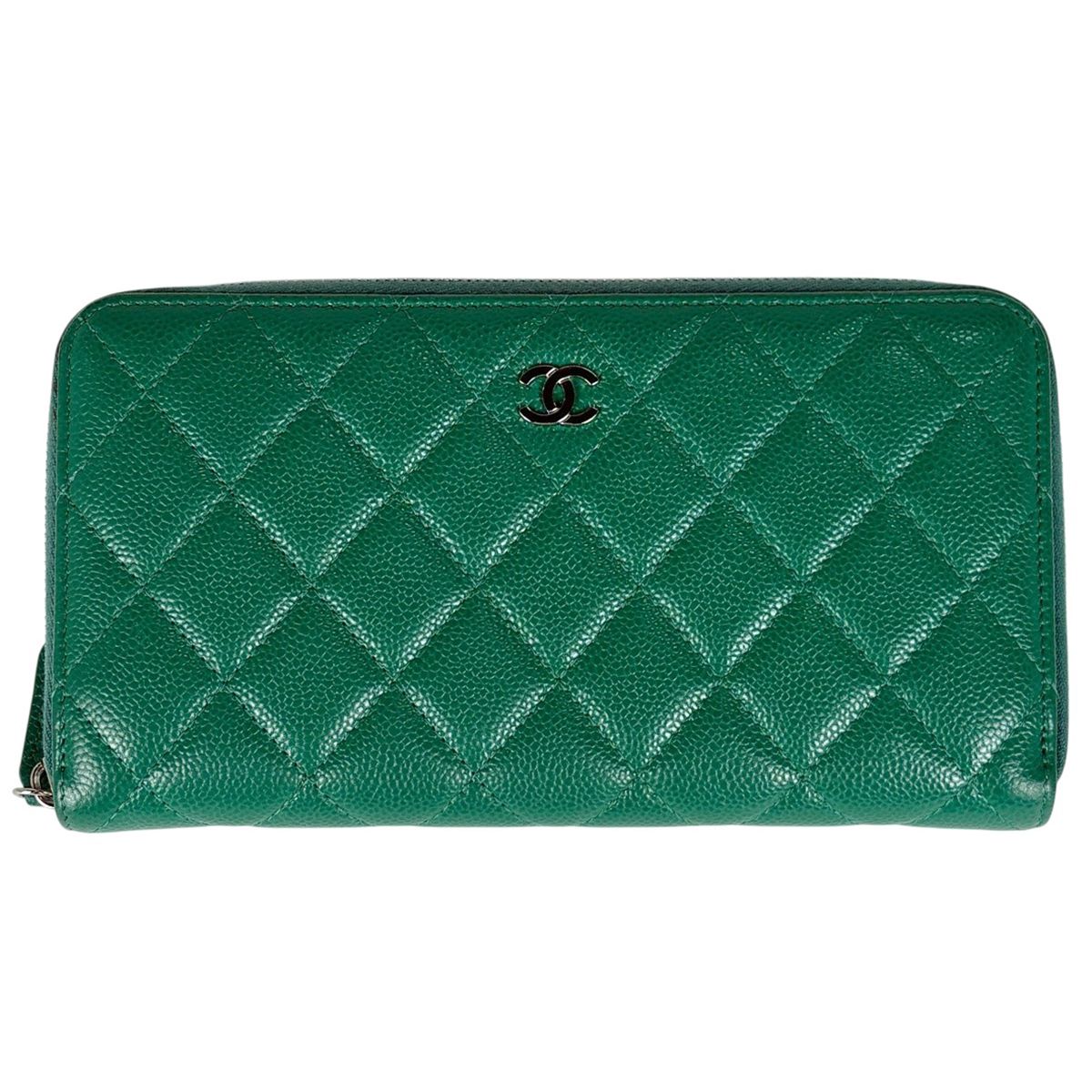 シャネル CHANEL ココマーク ラウンドファスナー 長財布 CC ラウンドジップ マトラッセ キャビアスキン グリーン レディース 【中古】