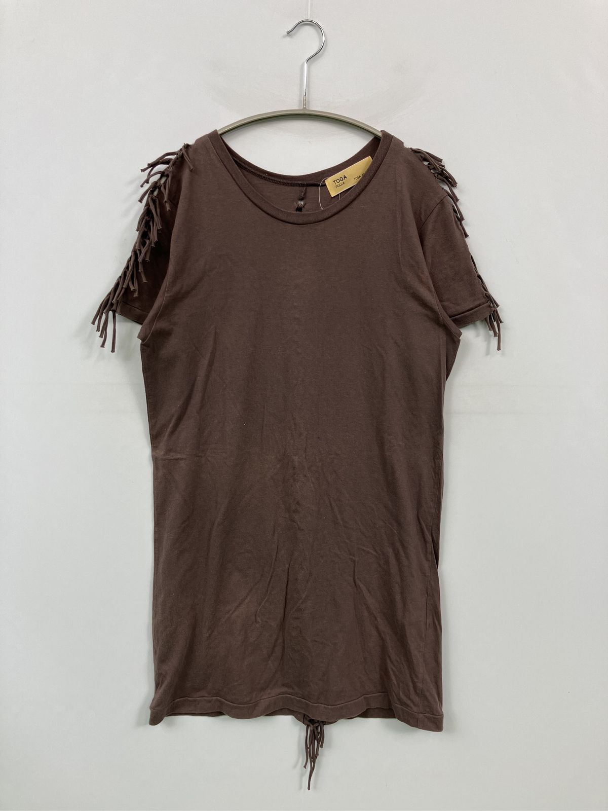 TOGA PULLA トーガプルラ Tシャツ/カットソー 1 ブラウン 無地 フリンジ ロング丈 半袖 クルーネック(丸首) レディース