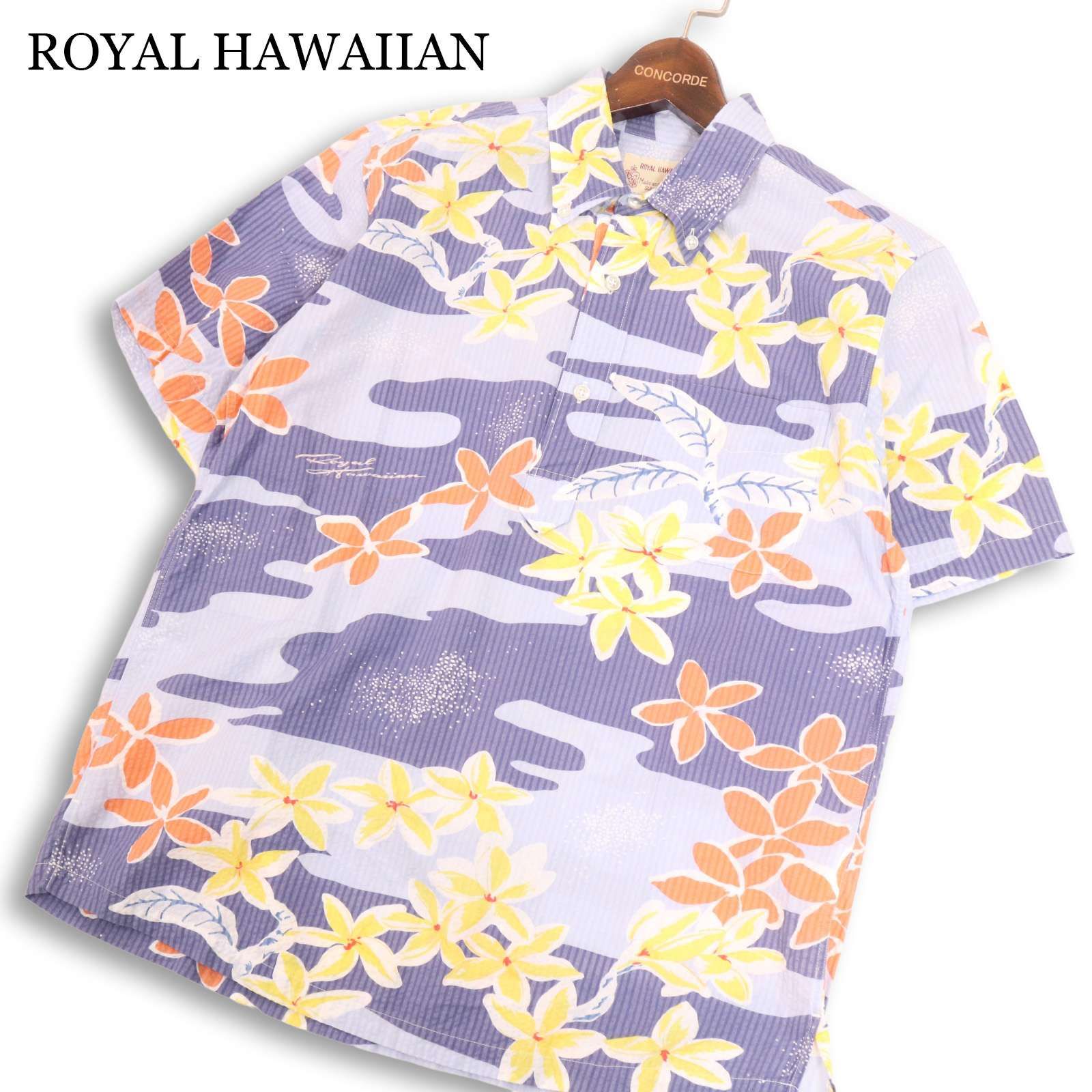 美品★ SUN SURF サンサーフ ROYAL HAWAIIAN 半袖 シアサッカー 花柄 プルオーバー アロハ シャツ ポロシャツ Sz.M メンズ