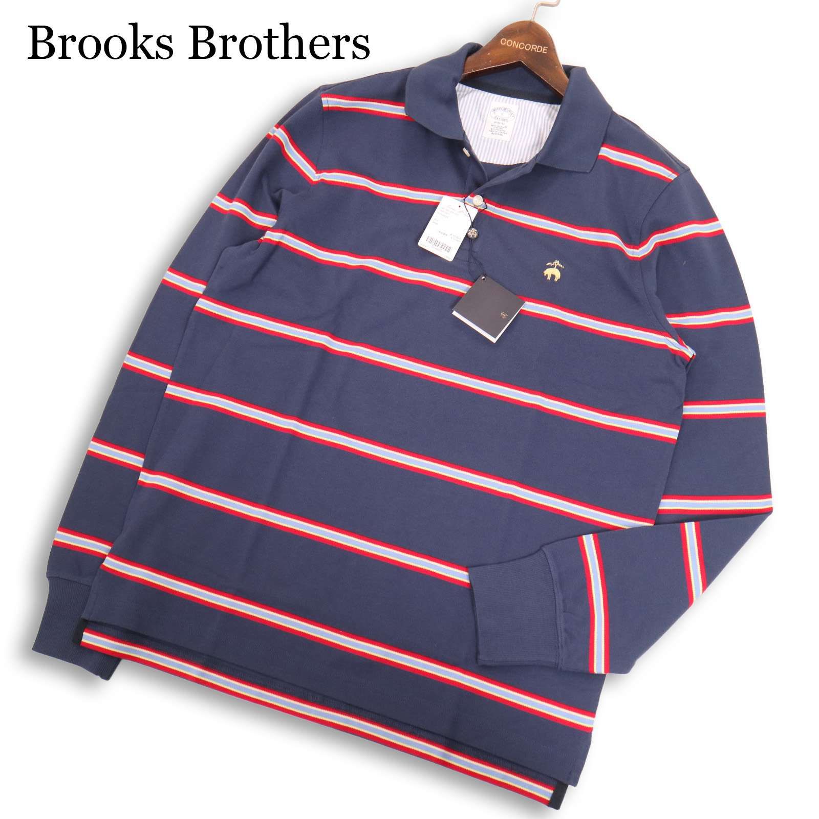 【新品 24SS】 Brooks Brothers ブルックスブラザーズ スーピマコットン★ 長袖 鹿の子 ボーダー ポロシャツ Sz.L メンズ 紺