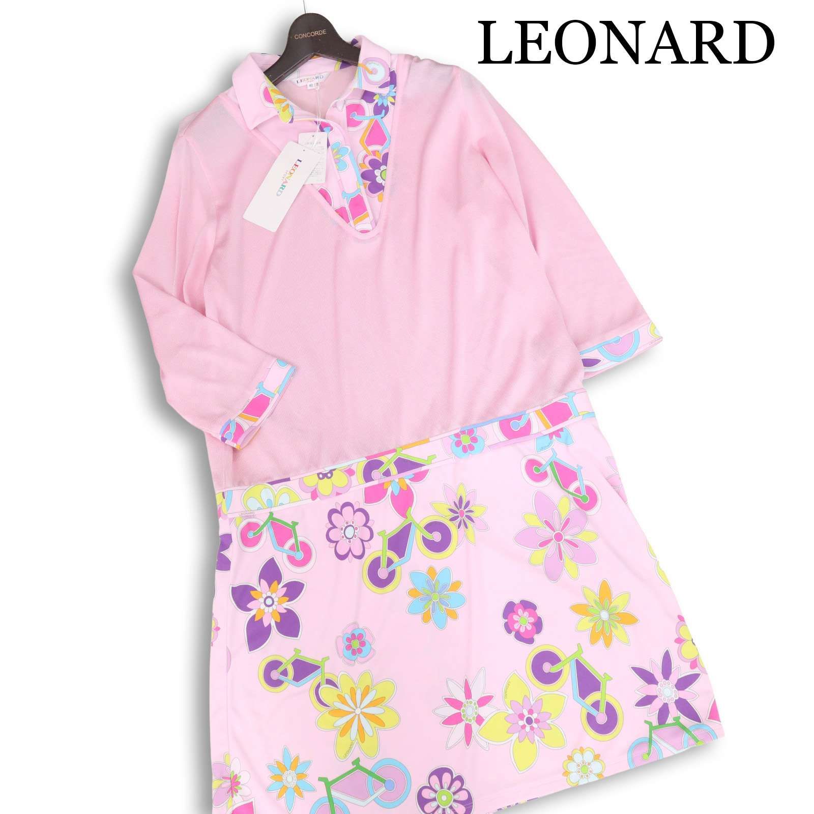 【新品 未使用】 LEONARD レオナール 通年 花柄 切替♪ 長袖 レイヤード風 ドッキング ワンピース 日本製 Sz.42 レディース