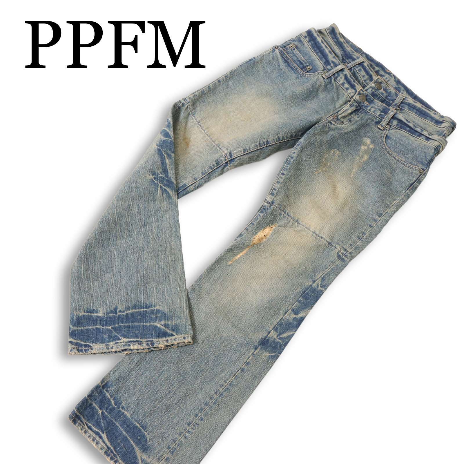 Y2K★ PPFM ペイトンプレイス ダメージ&リペア加工★ ダブルウエスト ブーツカット デニム パンツ ジーンズ Sz.S　メンズ