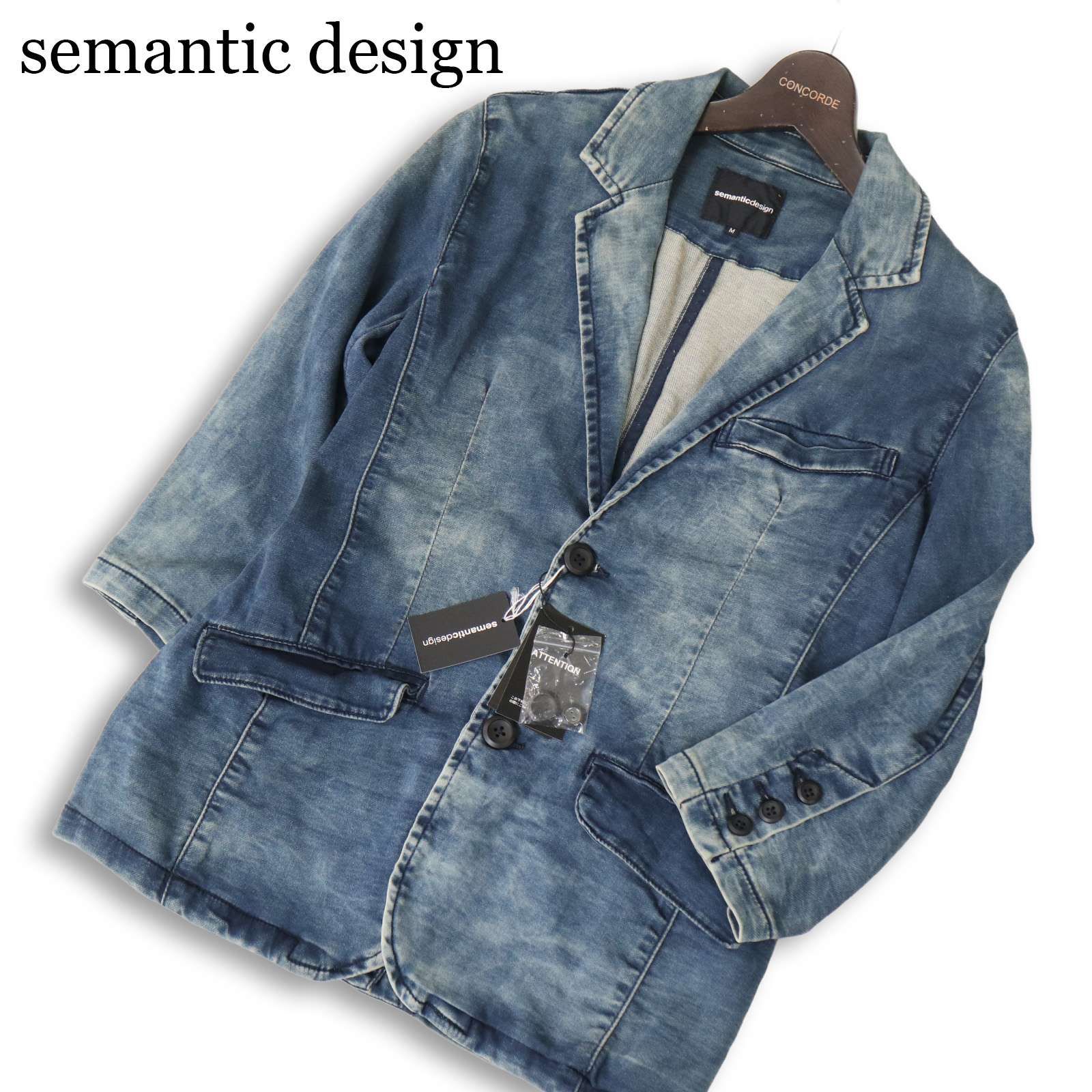 【新品】 semantic design セマンティック デザイン 春夏 ムラ染め★ 7分袖 スウェット デニム ジャケット Sz.M メンズ