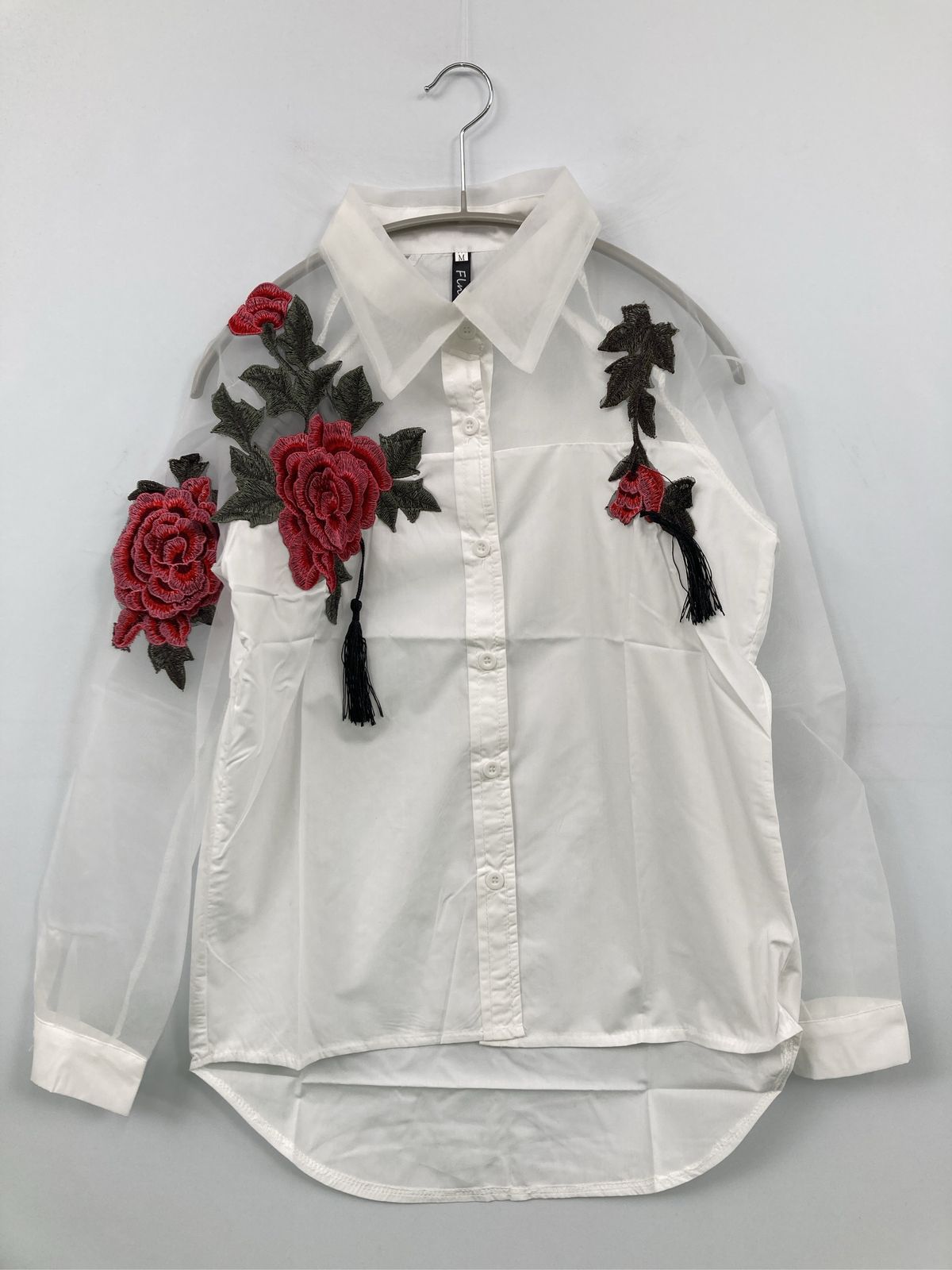 FLnn シャツ/ブラウス M ホワイト コットン 花柄・ボタニカル柄 ミドル丈 長袖 レギュラーカラー レディース