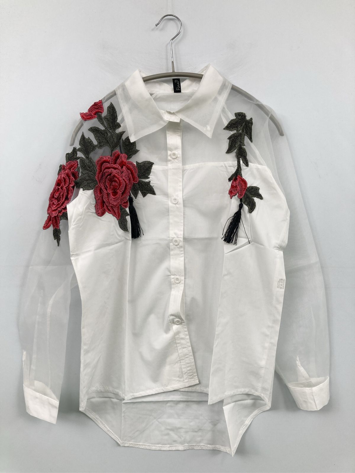FLnn シャツ/ブラウス M ホワイト コットン 花柄・ボタニカル柄 刺繍 長袖 レギュラーカラー ミドル丈 レディース
