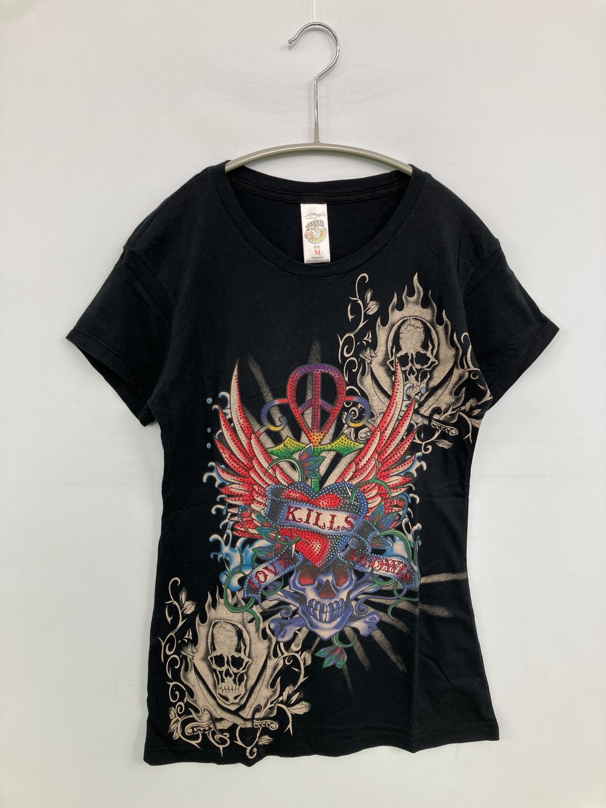 Ed Hardy エドハーディー Tシャツ/カットソー M ブラック 前面プリント バックプリント ブランドロゴ 半袖 ミドル丈 レディース