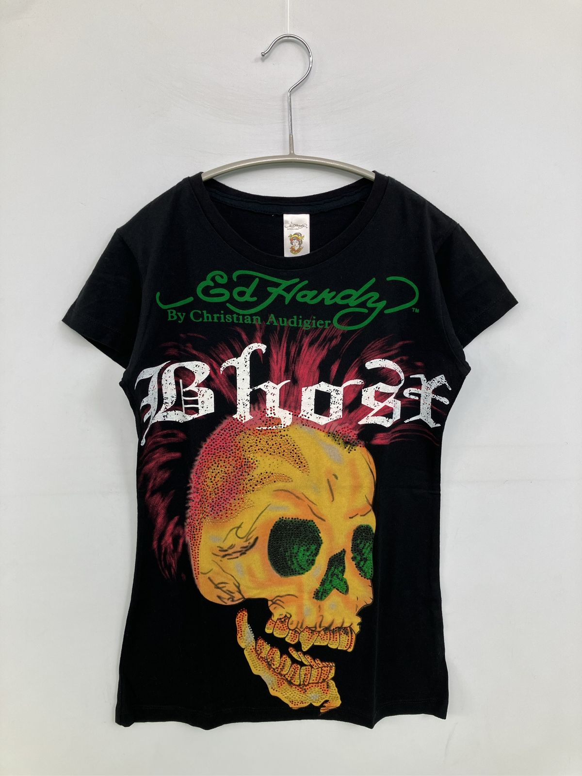 Ed Hardy エドハーディー Tシャツ/カットソー M ブラック 前面プリント バックプリント ブランドロゴ ミドル丈 半袖 クルーネック(丸首) レディース