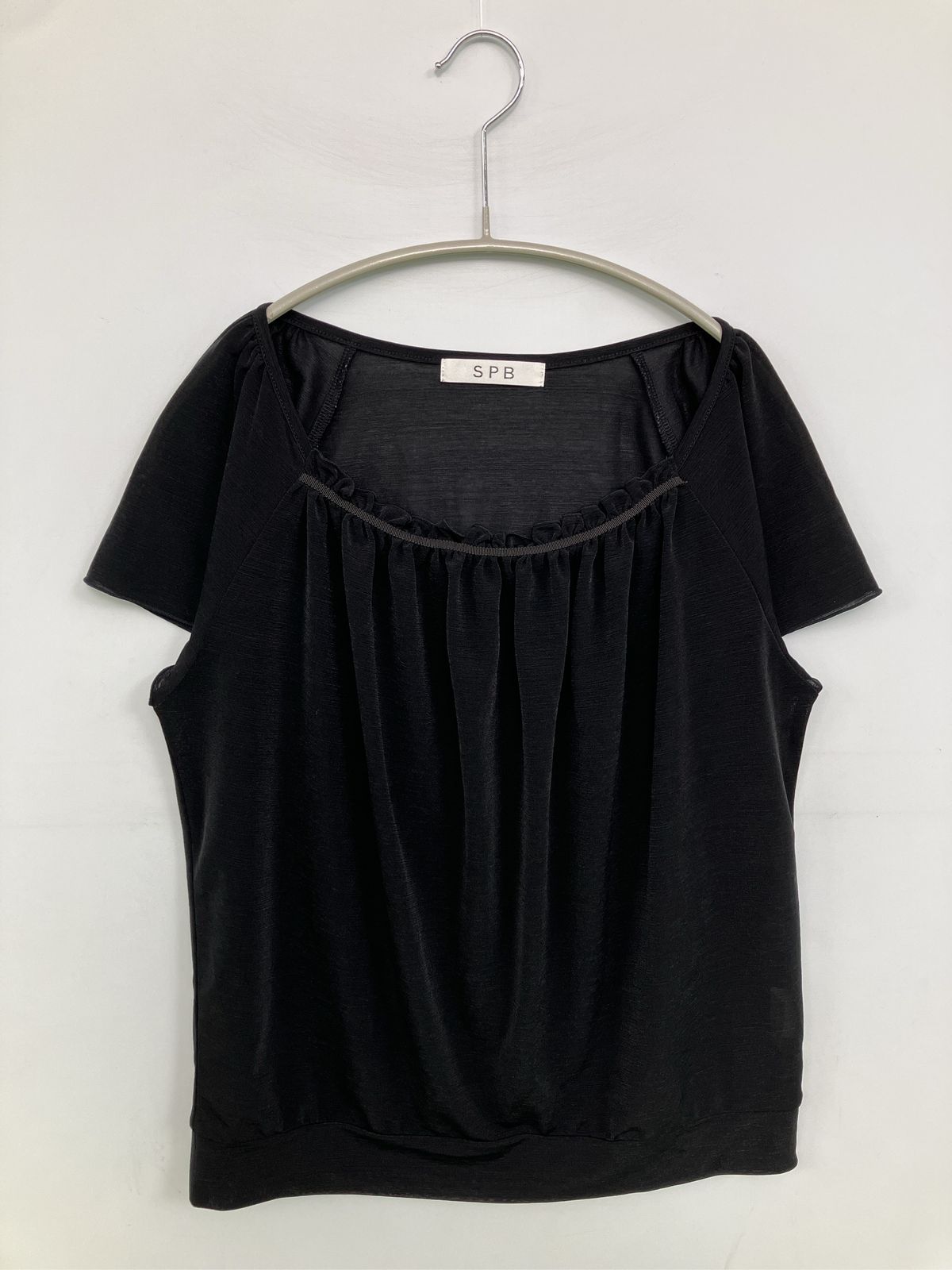 SPB Tシャツ/カットソー M ブラック 無地 ミドル丈 半袖 スクエアネック クルーネック(丸首) レディース