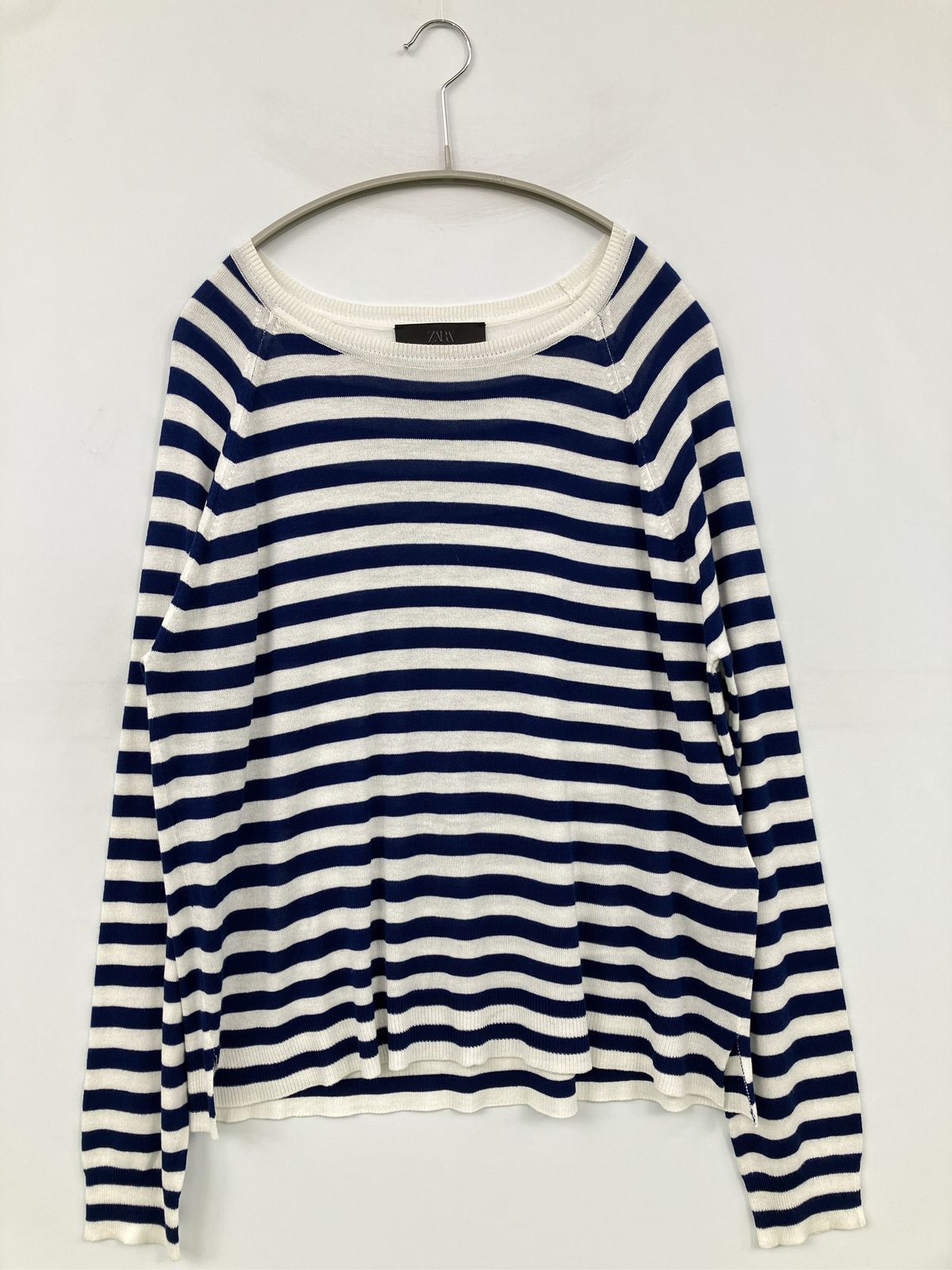 ZARA ザラ ニット/セーター USA S ネイビー ニット ボーダー柄 ミドル丈 長袖 ボートネック レディース