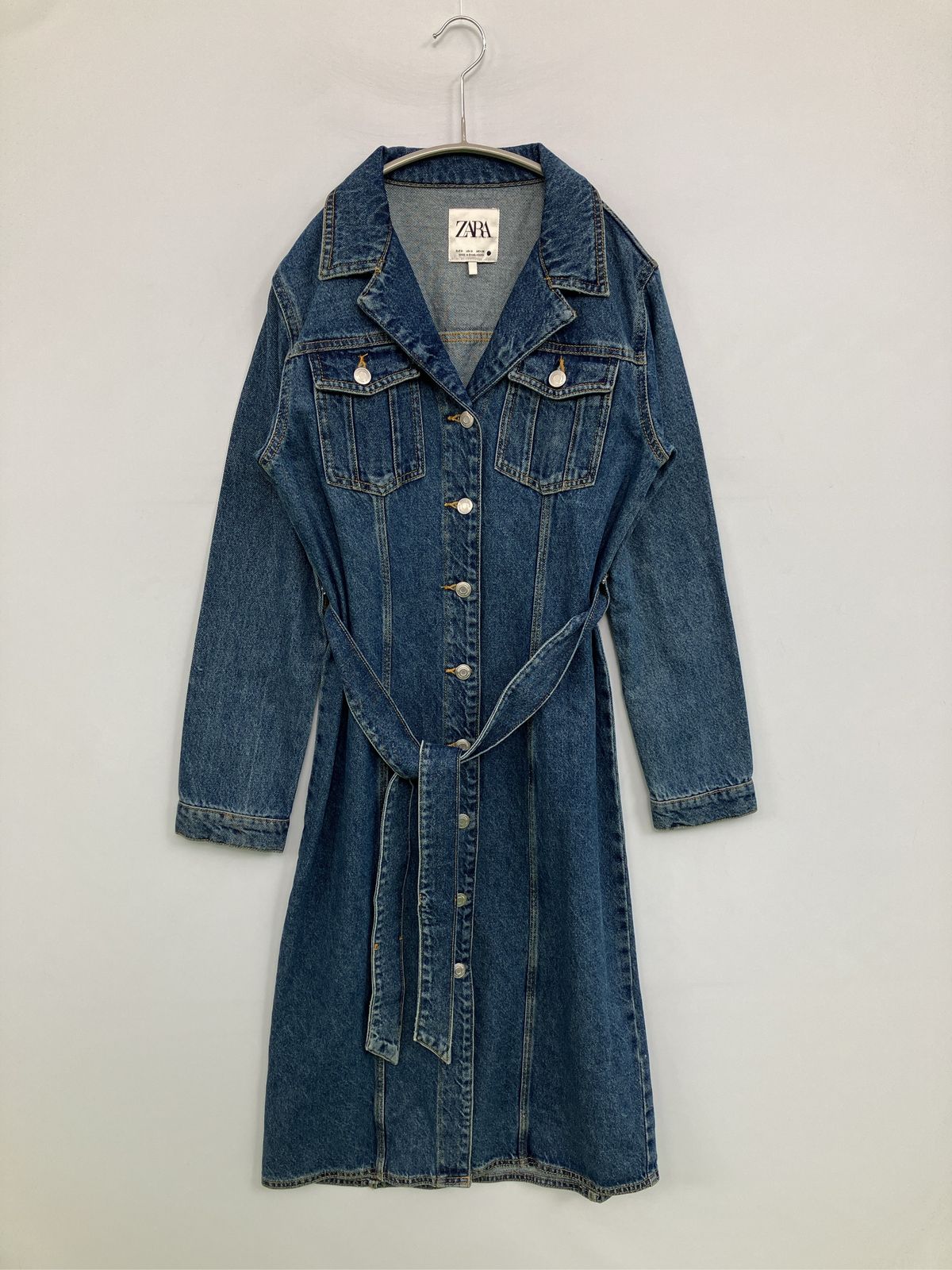 ZARA ザラ シャツワンピース USA S ブルー デニム コットン 無地 長袖 ひざ丈 レディース